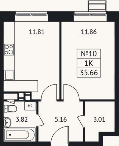 Планировка: 1-к, 35,7 м²