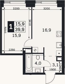 Планировка: 2-к, 39,9 м²