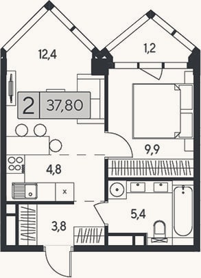 Планировка: 2-к, 36,6 м²
