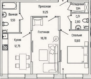 Планировка: 2-к, 64,7 м²