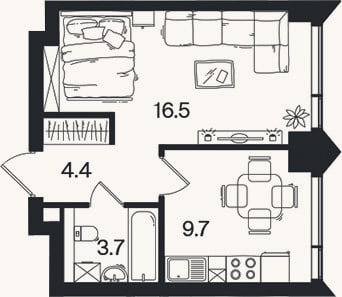 Планировка: 1-к, 34,3 м²