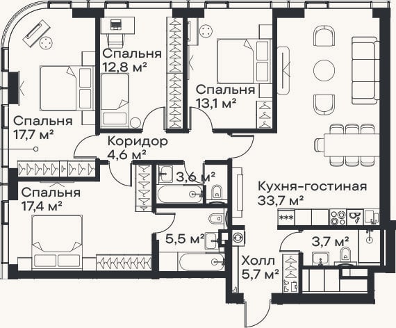 Планировка: 4+ к, 117,8 м²