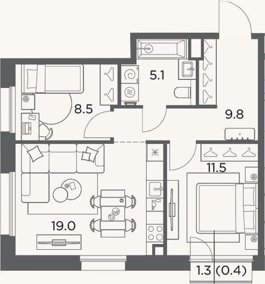 Планировка: 2-к, 53,9 м²