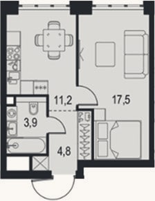 Планировка: 1-к, 37,4 м²