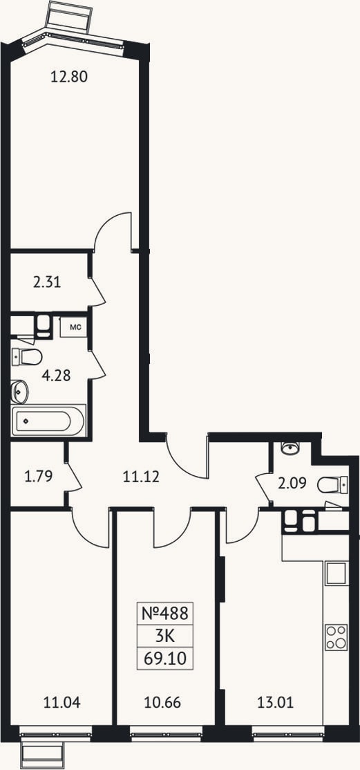 Планировка: 3-к, 69,1 м²