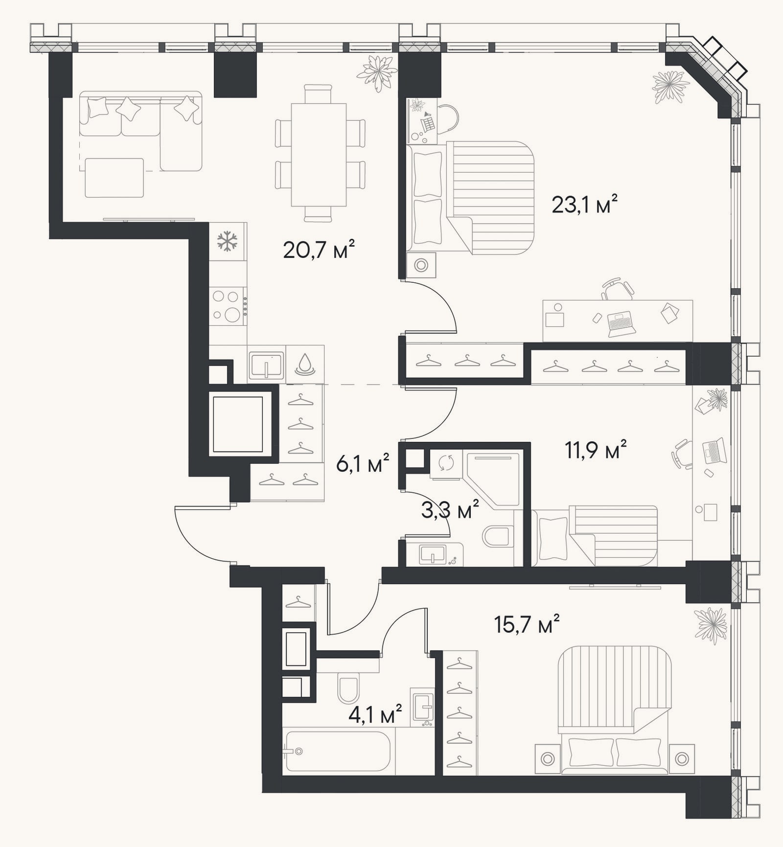 Планировка: 3-к, 84,9 м²