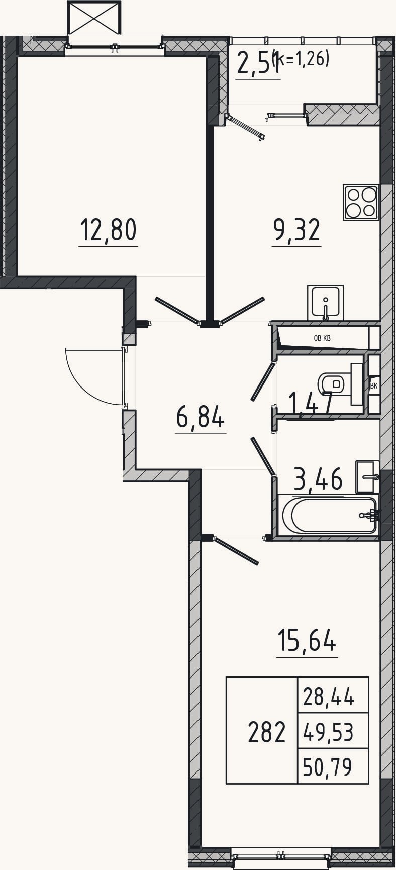 Планировка: 2-к, 49,5 м²