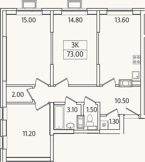 Планировка: 3-к, 73 м²