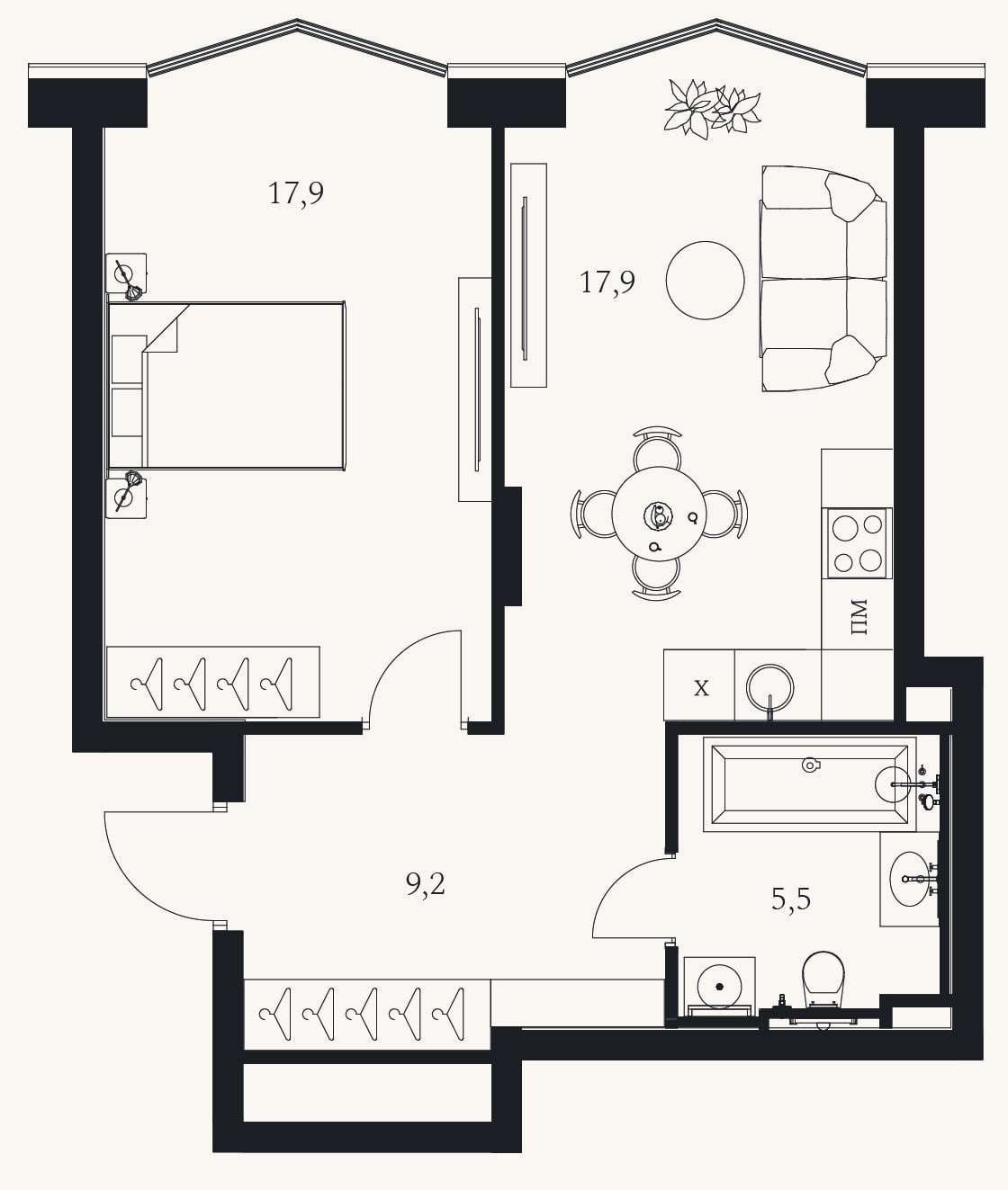 Планировка: 2-к, 47,9 м²