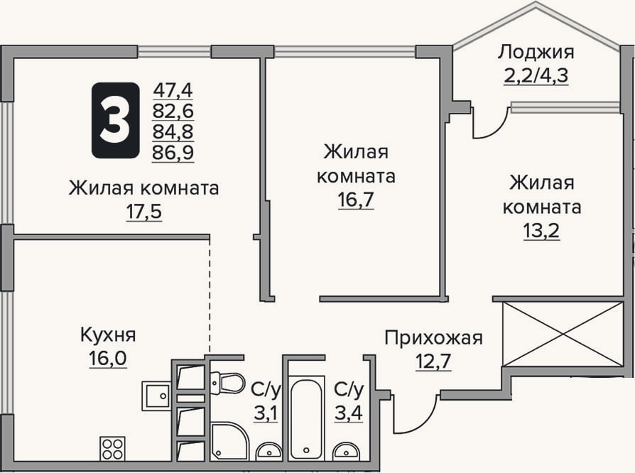 Планировка: 3-к, 82,6 м²