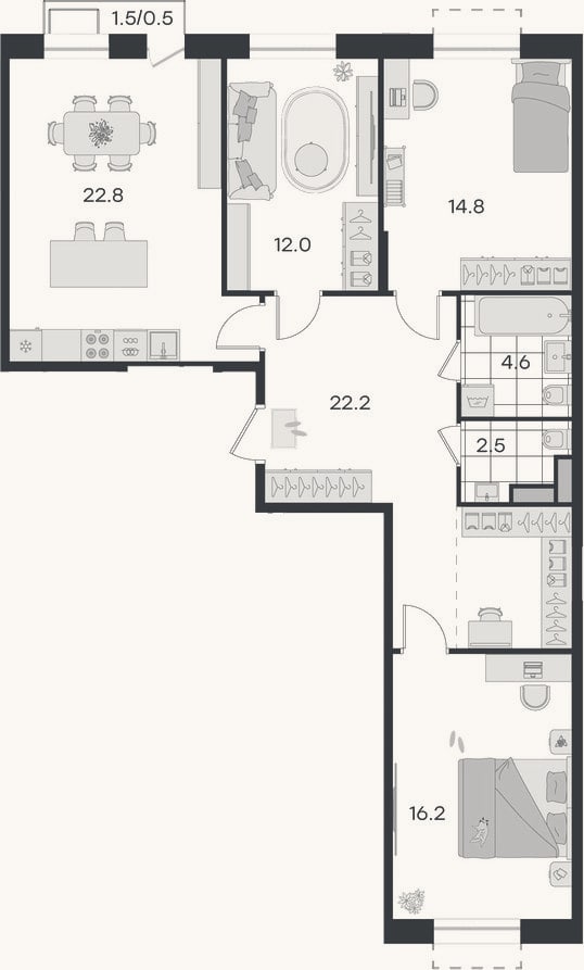 Планировка: 3-к, 95,1 м²
