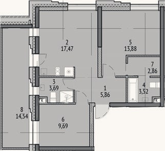 Планировка: 2-к, 59 м²