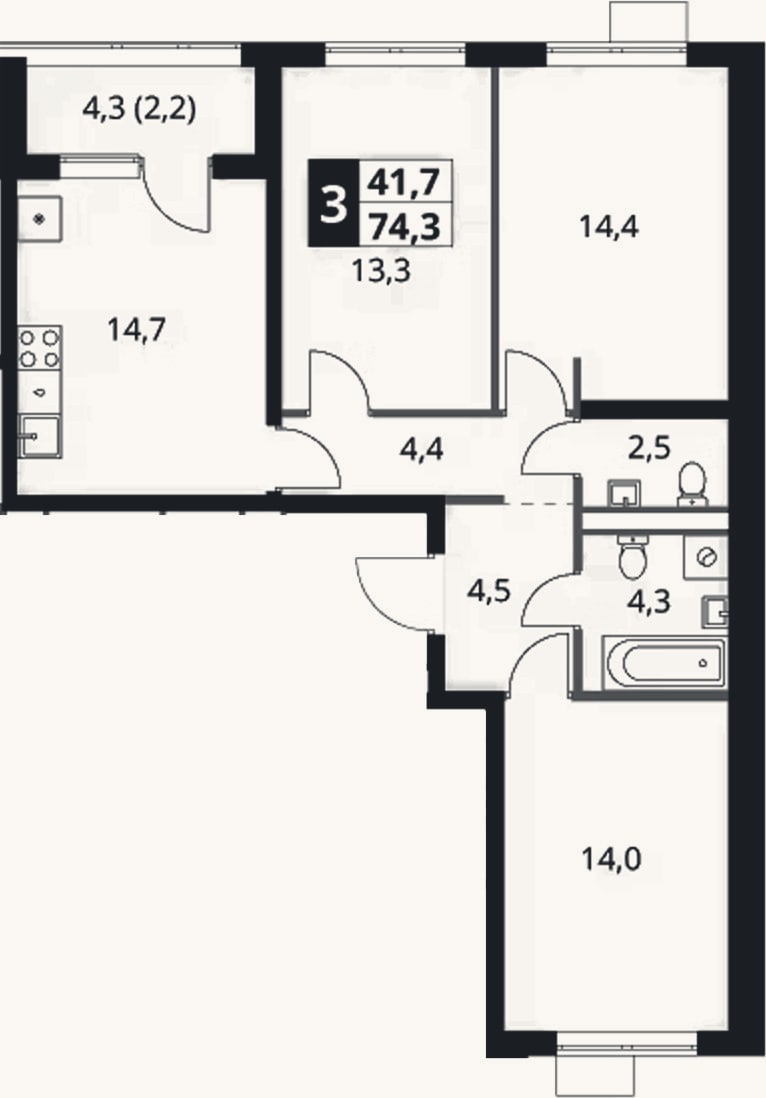 Планировка: 3-к, 72,1 м²