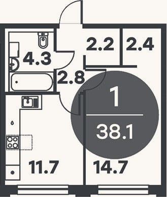 Планировка: 1-к, 38,1 м²