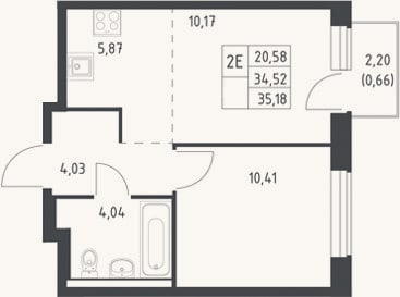 Планировка: 2-к, 34,5 м²