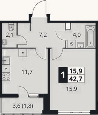 Планировка: 1-к, 40,9 м²