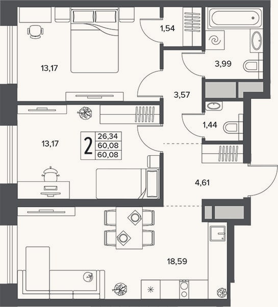 Планировка: 3-к, 60,1 м²