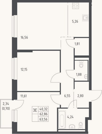 Планировка: 3-к, 62,9 м²