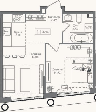 Планировка: 2-к, 47,2 м²