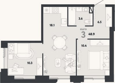 Планировка: 3-к, 48,9 м²