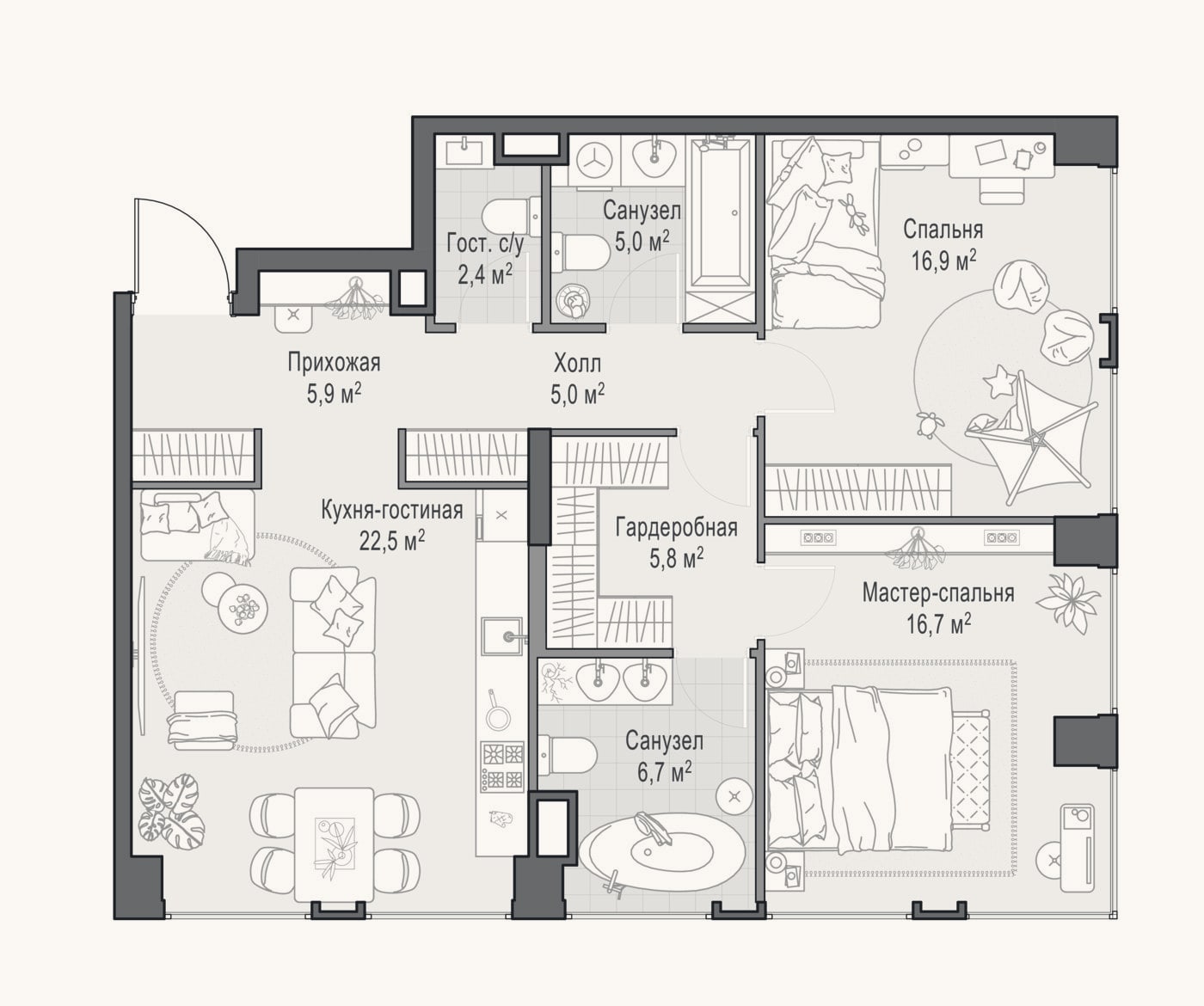 Планировка: 3-к, 87,5 м²