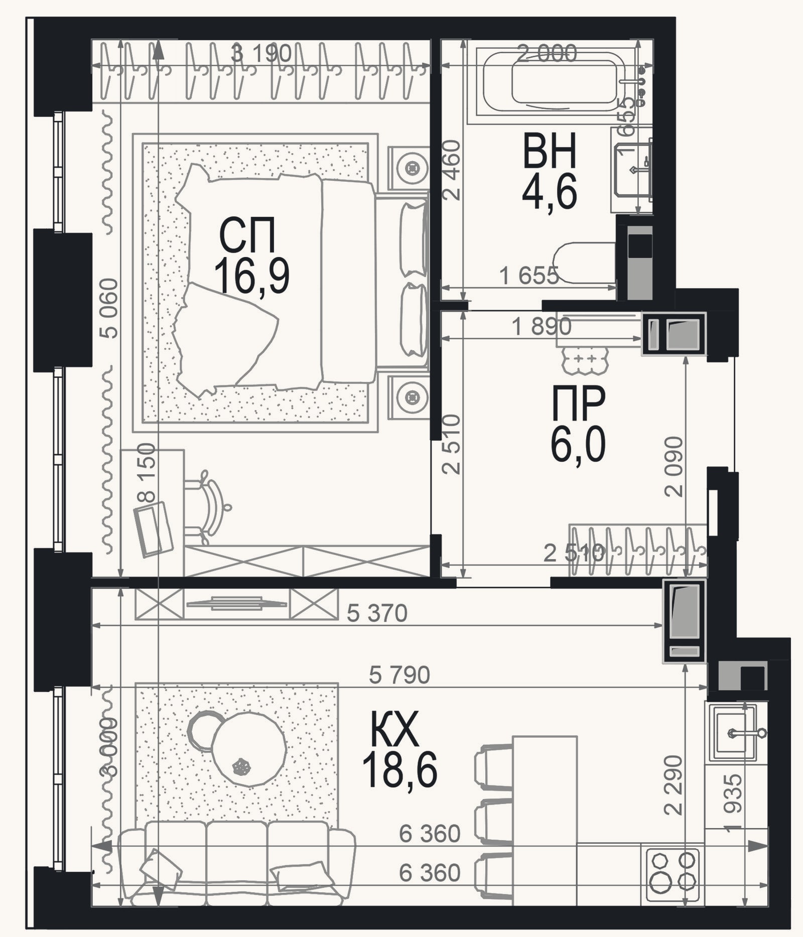 Планировка: 1-к, 46,1 м²