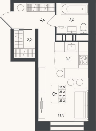 Планировка: Студия, 26,5 м²