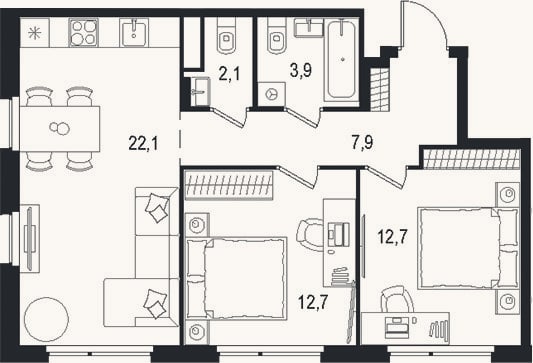 Планировка: 3-к, 61,4 м²