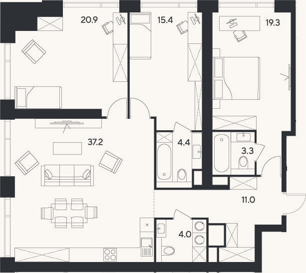 Планировка: 4+ к, 115,5 м²