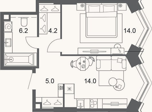 Планировка: 2-к, 43,4 м²