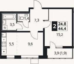 Планировка: 2-к, 42,5 м²