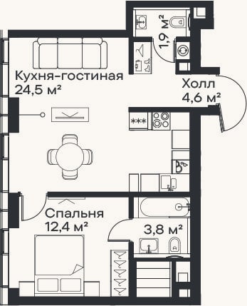 Планировка: 2-к, 47,2 м²
