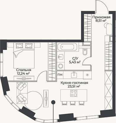 Планировка: 2-к, 49,7 м²