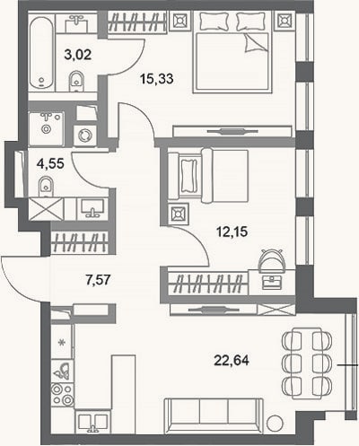 Планировка: 2-к, 65,3 м²
