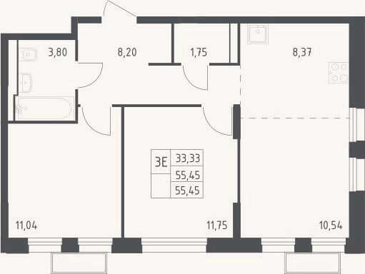 Планировка: 3-к, 55,5 м²