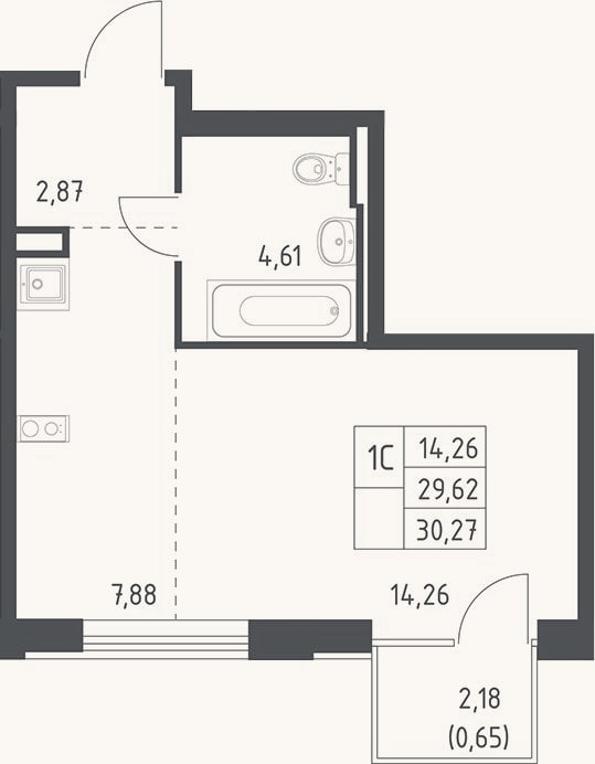 Планировка: Студия, 29,6 м²