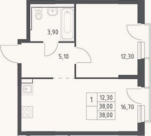 Планировка: 2-к, 38 м²
