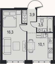 Планировка: 1-к, 33,8 м²