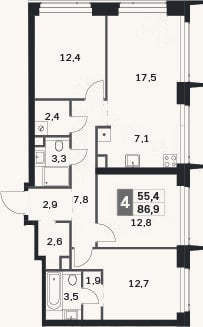 Планировка: 4+ к, 86,9 м²