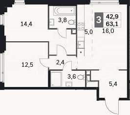 Планировка: 3-к, 63,1 м²