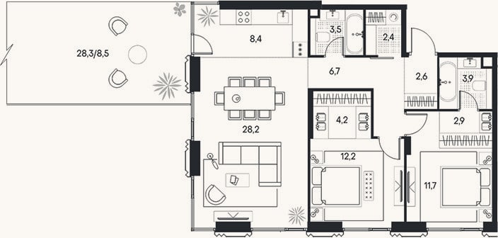 Планировка: 3-к, 86,5 м²