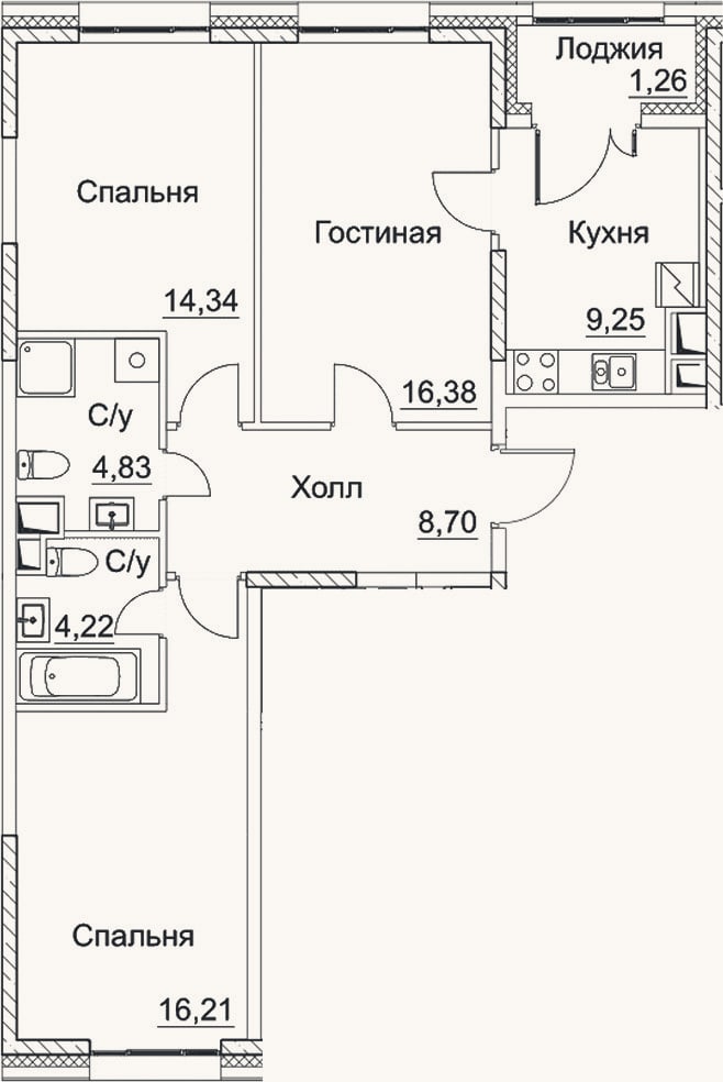 Планировка: 3-к, 73,9 м²