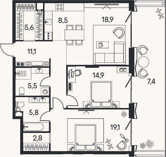 Планировка: 3-к, 92,2 м²