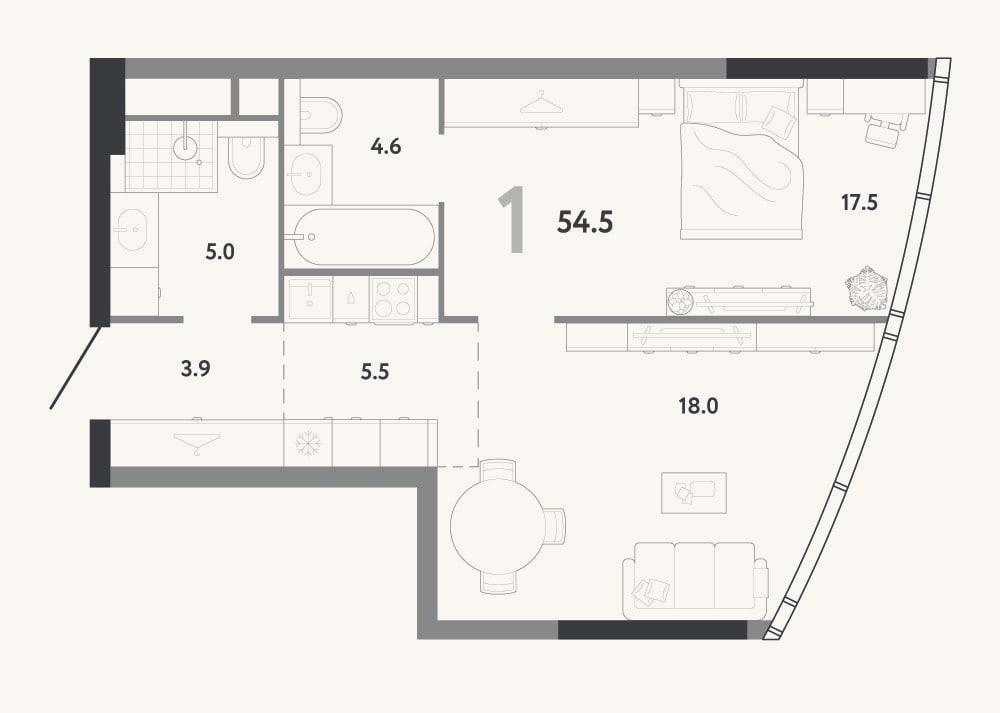 Планировка: 2-к, 54,5 м²