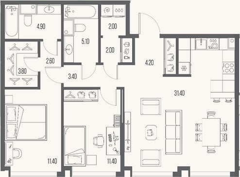 Планировка: 2-к, 82,2 м²