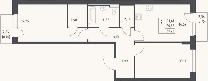 Планировка: 2-к, 59,9 м²