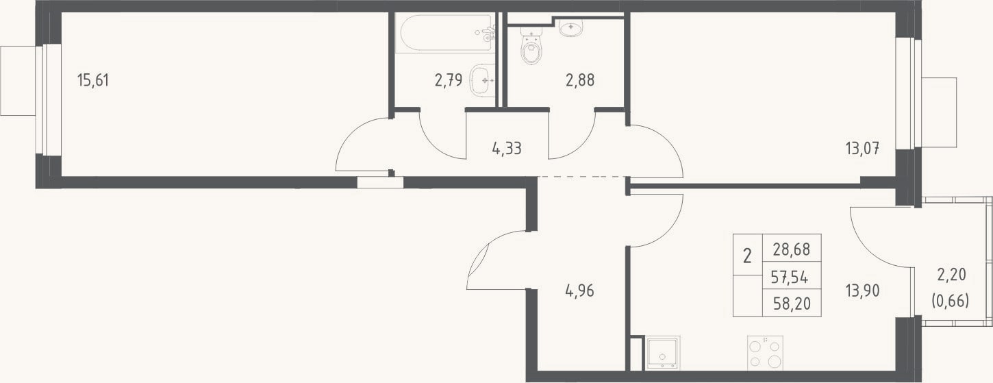 Планировка: 2-к, 57,5 м²