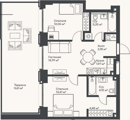 Планировка: 3-к, 58,3 м²