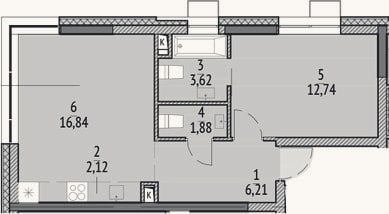 Планировка: 2-к, 43,4 м²