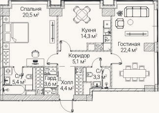 Планировка: 2-к, 79 м²